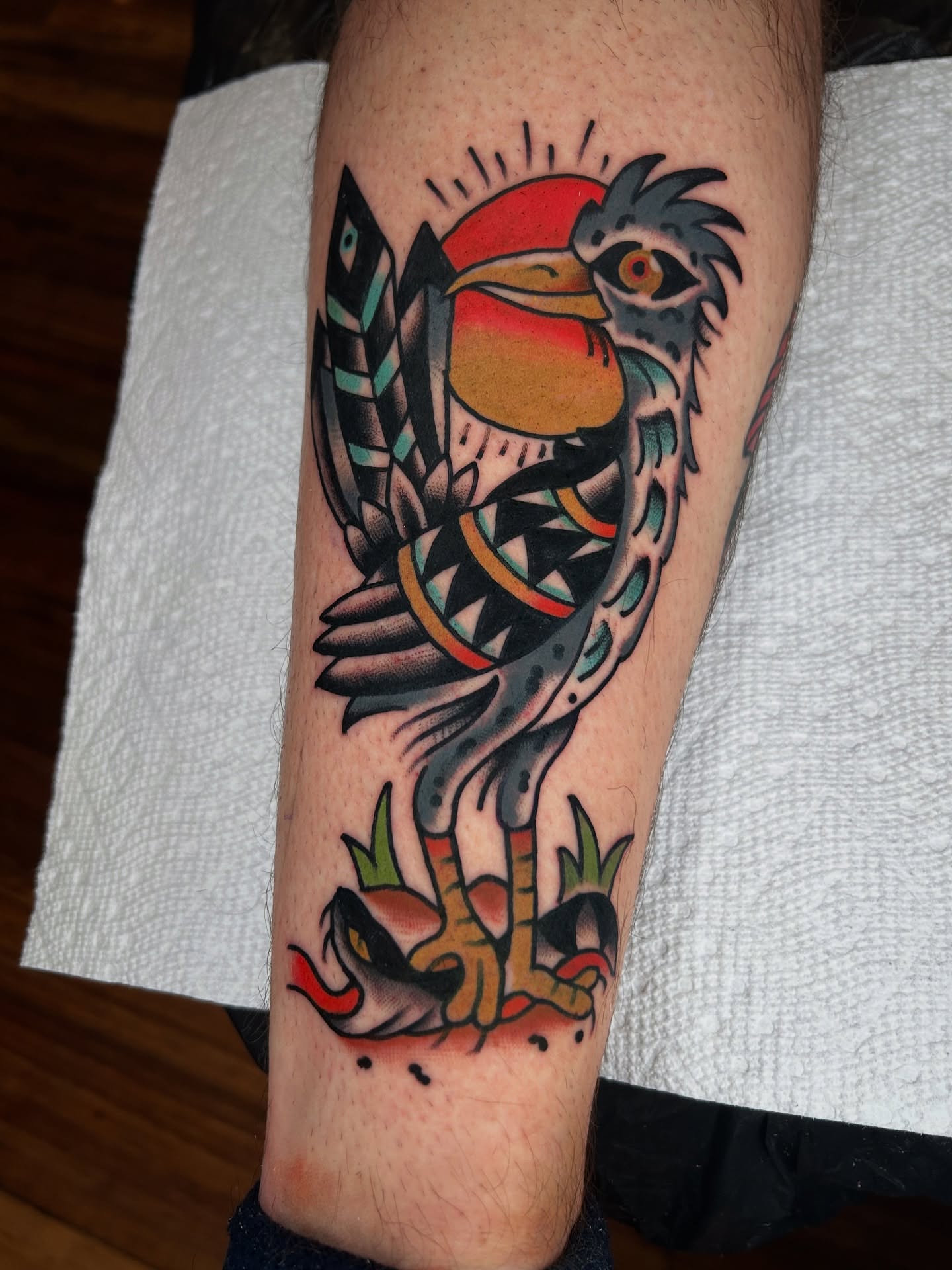 Bird American traditional tattoo on the forearm by Kit Miller, Indianapolis, Indiana