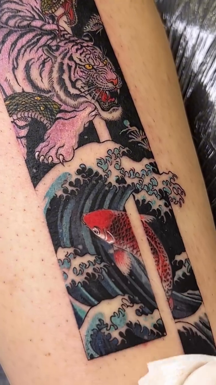 Tiger and koi with waves japanese irezumi tattoo by EQ