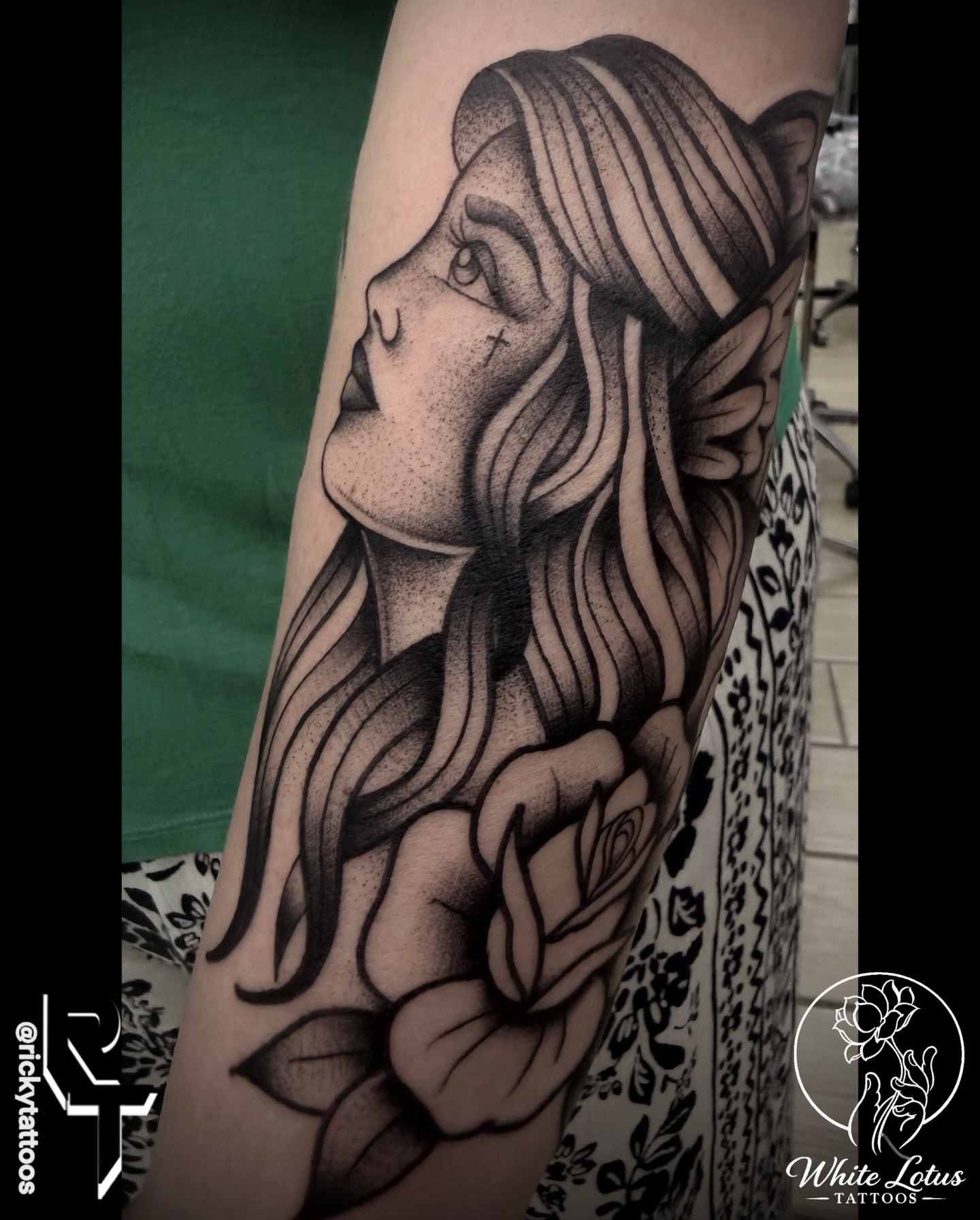 Woman with long hair dotwork tattoo on the forearm by Ricky Salinas Jr. π€, San Antonio, Texas