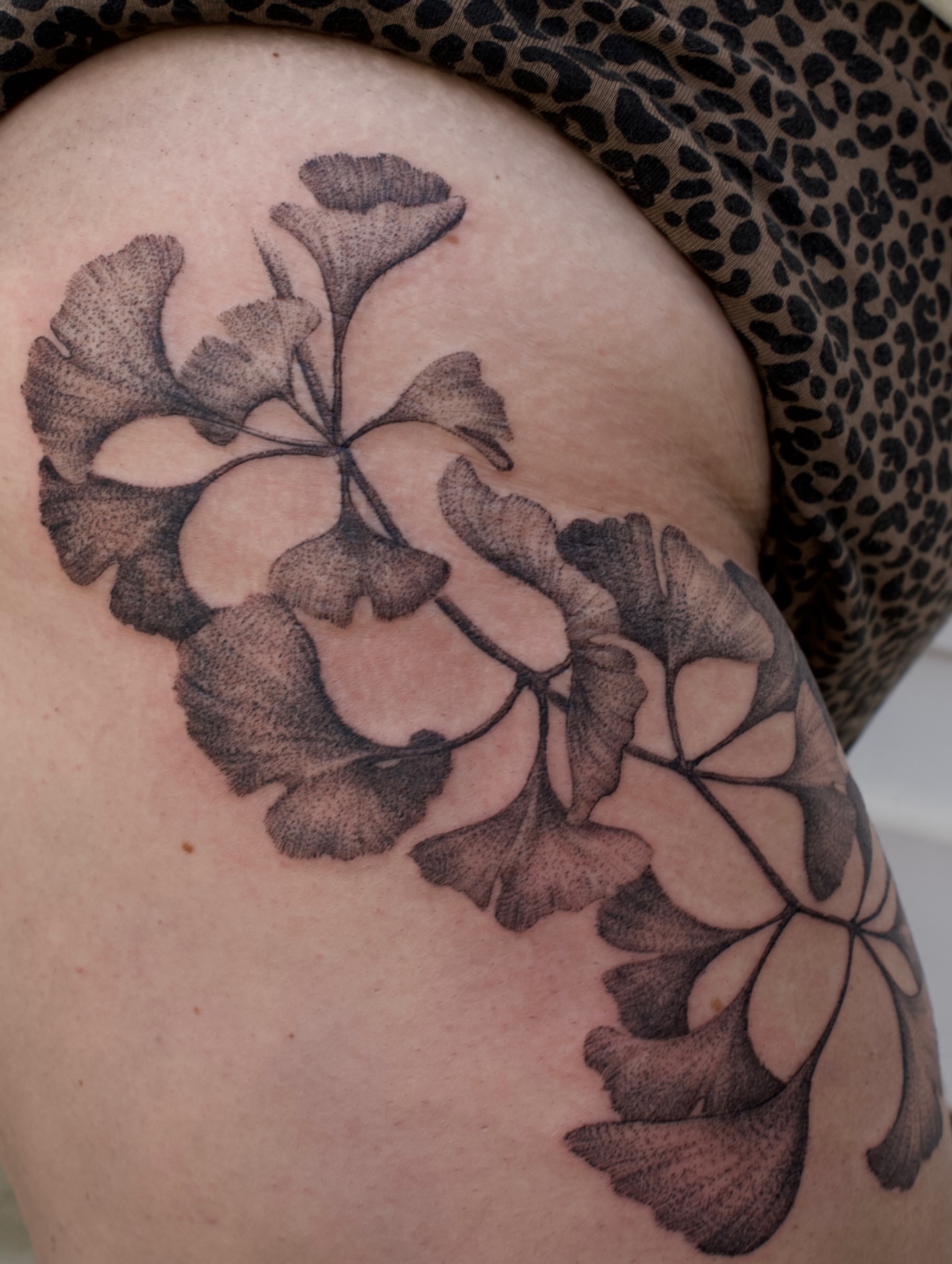 Gingko leaves dotwork tattoo on the shoulder by Kevin Rotramel, Dayton, Ohio