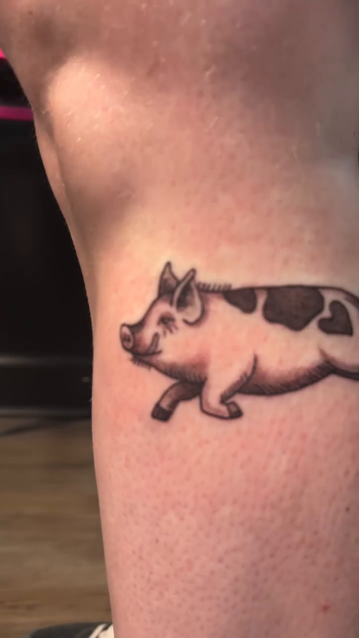 Running pig realism tattoo on the forearm by Rachel