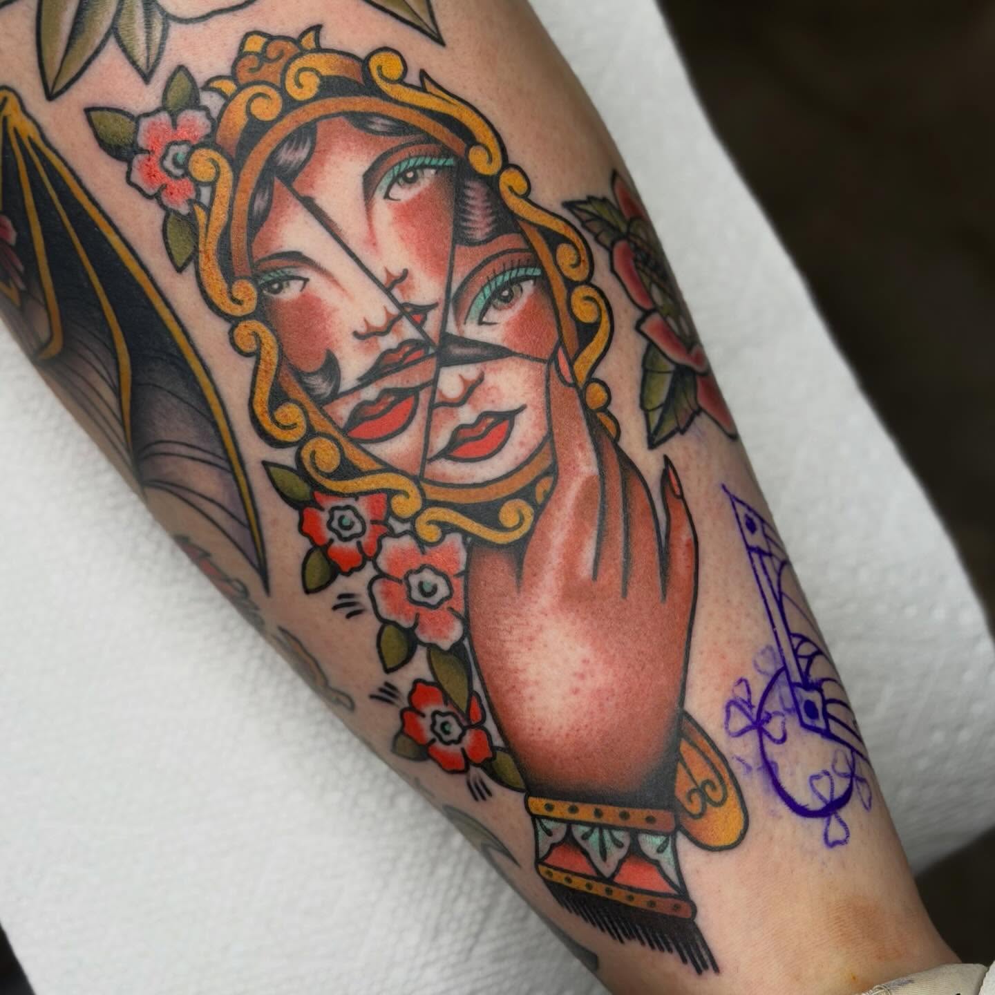 Woman with clock face American traditional tattoo on the forearm by Jenna Szerszen-Wynn ๐