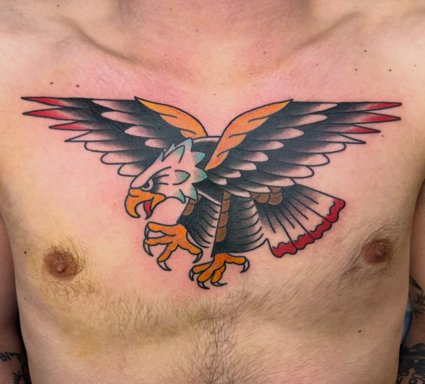 Eagle American traditional tattoo on the chest by Kelsey Louis, Iowa City, Iowa