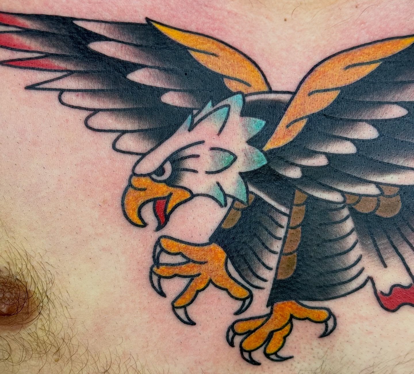 Eagle American traditional tattoo on the shoulder by Kelsey Louis, Iowa City, Iowa
