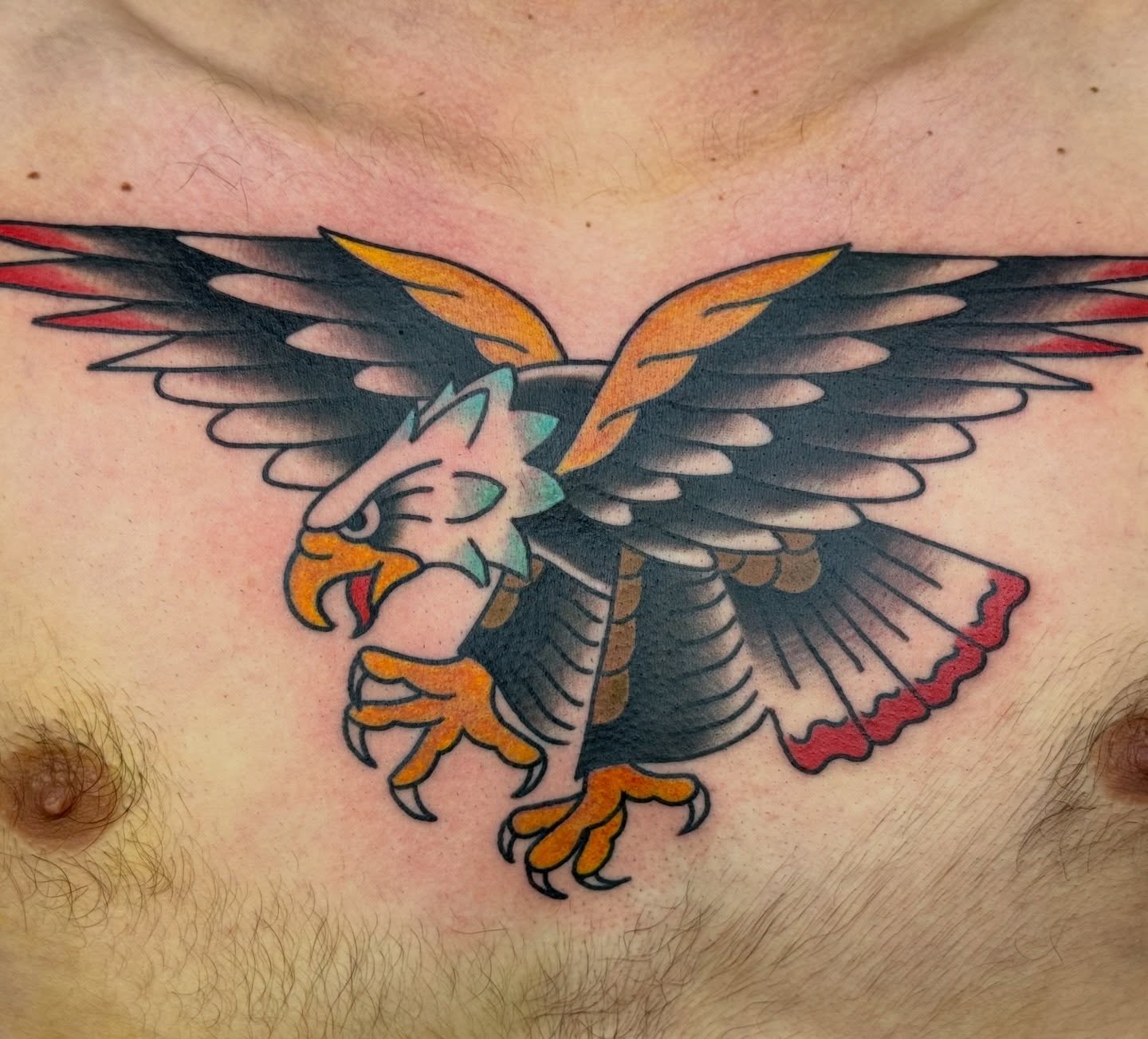 Eagle American traditional tattoo on the chest by Kelsey Louis, Iowa City, Iowa