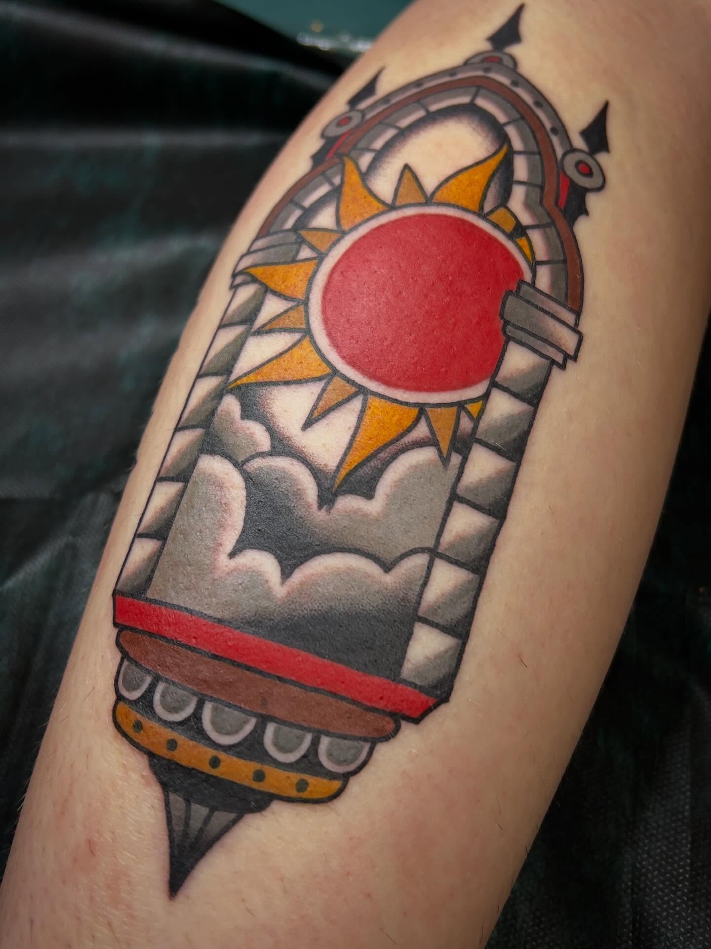 Rocket with sun American traditional tattoo on the forearm by ReadyFreddie_tattoo