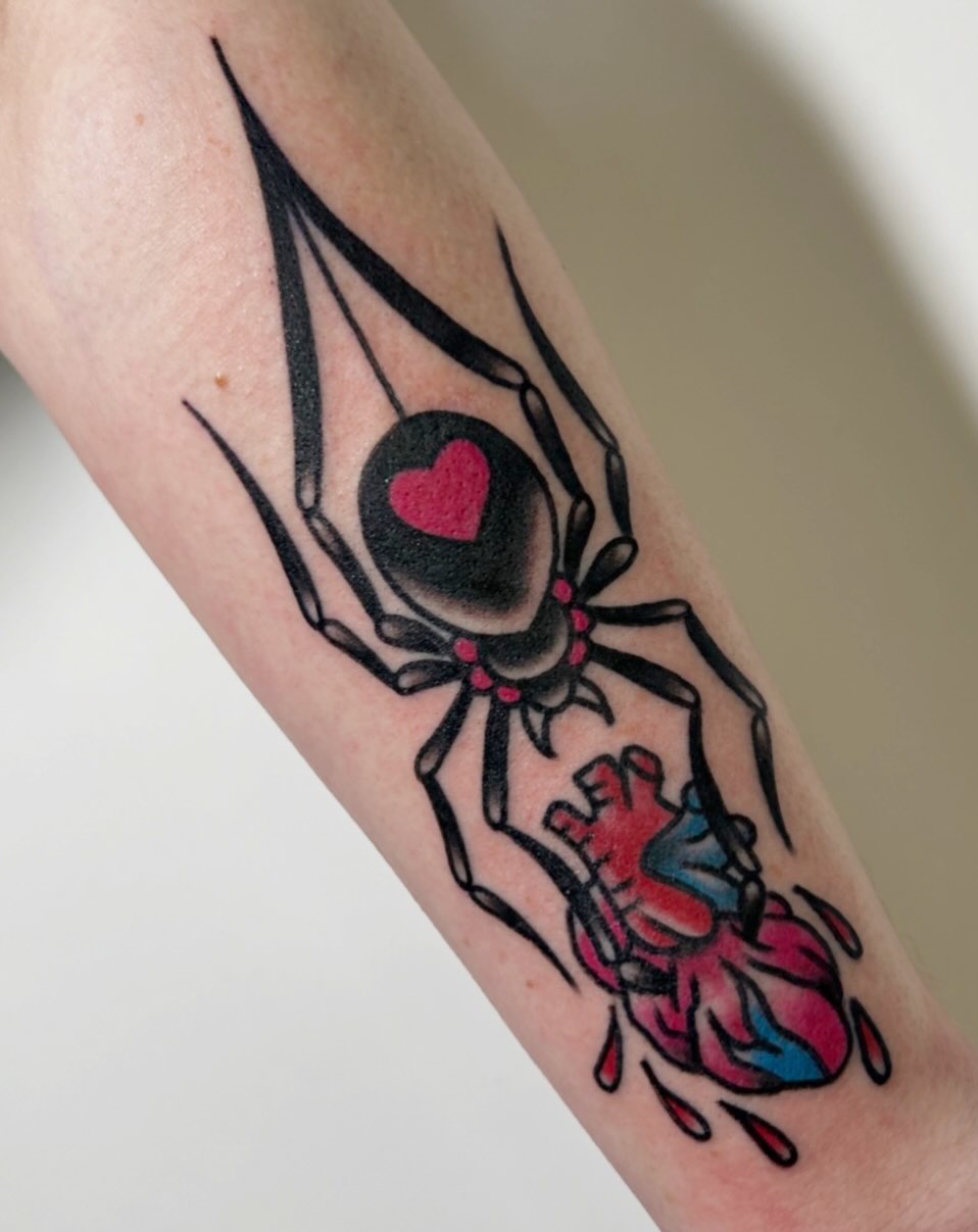 Spider and heart American traditional tattoo on the forearm by Alex Green, Nashville, Tennessee