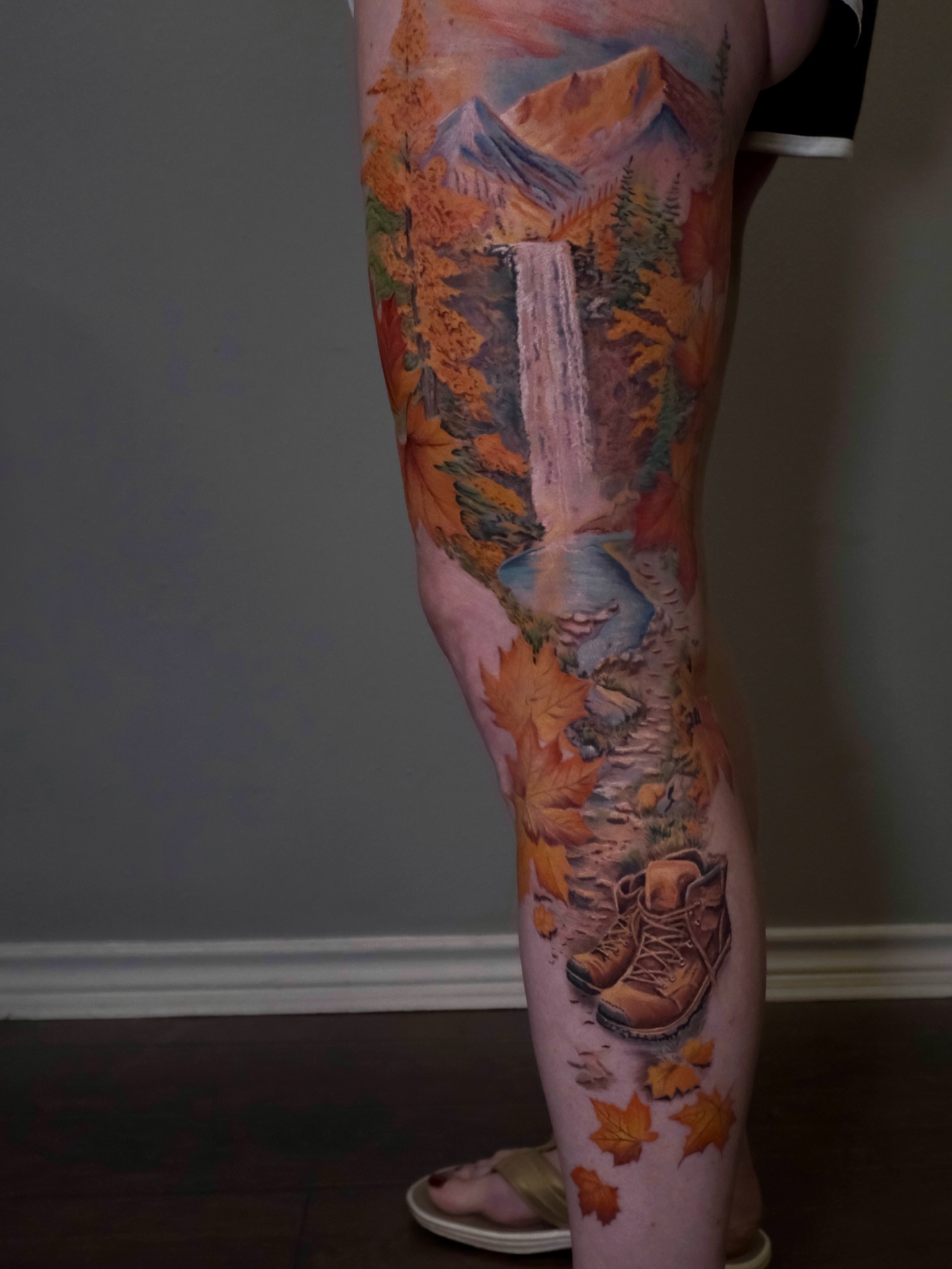 Fall landscape realism tattoo on the leg by AL 777, Denton, Texas
