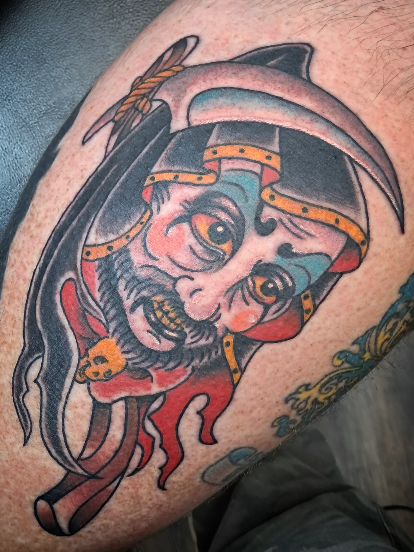 Pirate American traditional tattoo on the thigh by Erika Hollingsworth