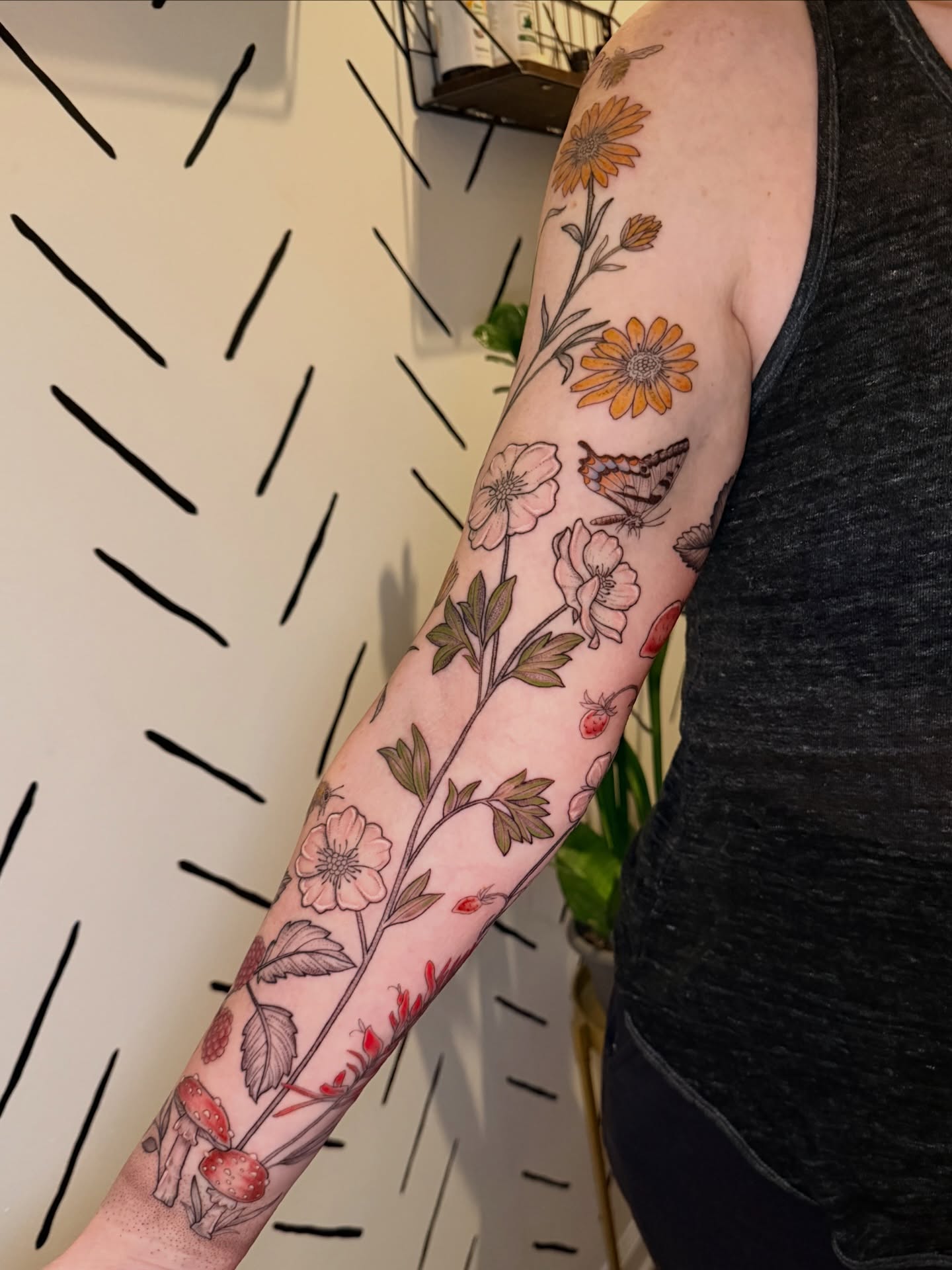 Botanical flowers and butterflies new school tattoo on the forearm by ππ£ππ€π₯π ππ¦ππ‘π, Lakewood, Colorado