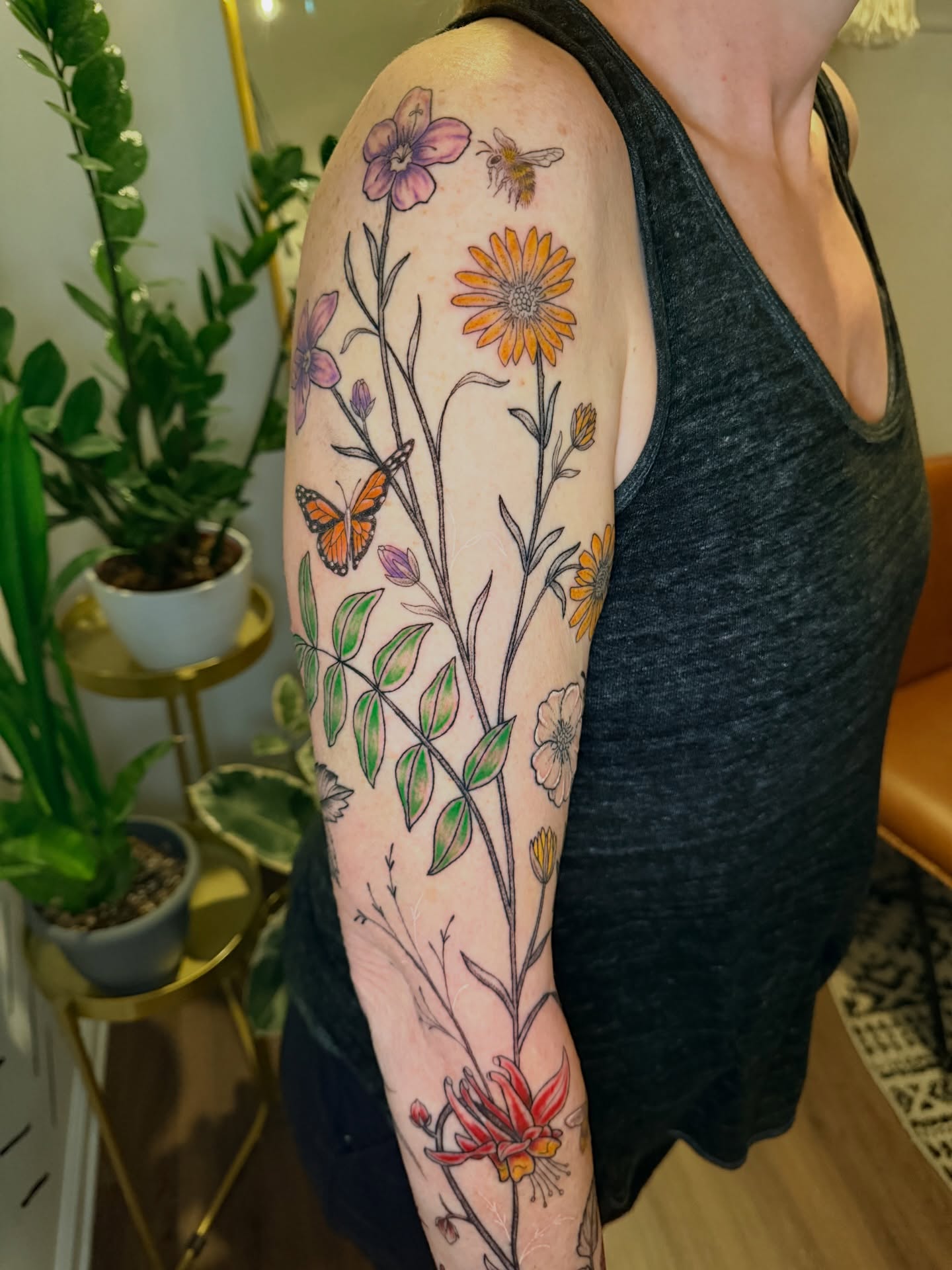 Botanical bouquet new school tattoo on the forearm by ππ£ππ€π₯π ππ¦ππ‘π, Lakewood, Colorado