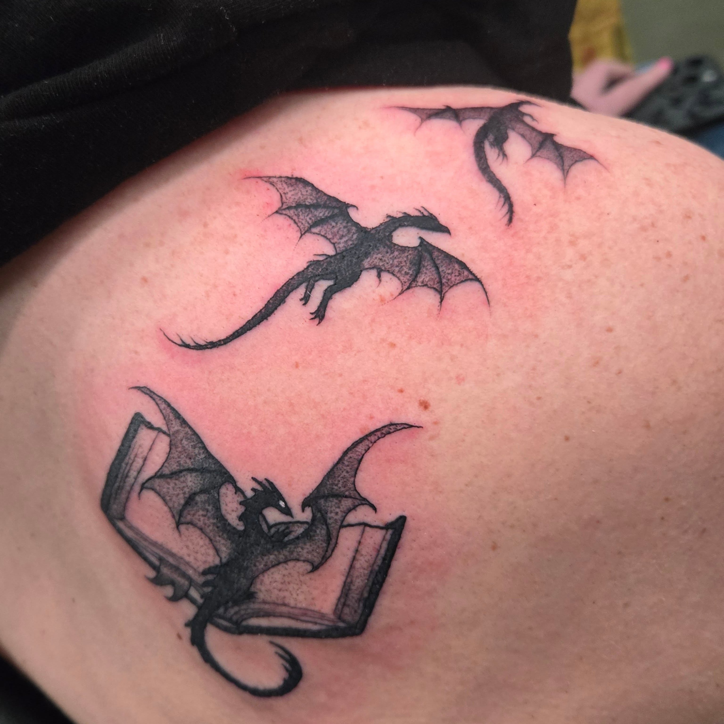Dragons dotwork tattoo on the thigh by ◇  Kristyn Kay  ◇ Tattoo Warlock, Des Moines, Iowa