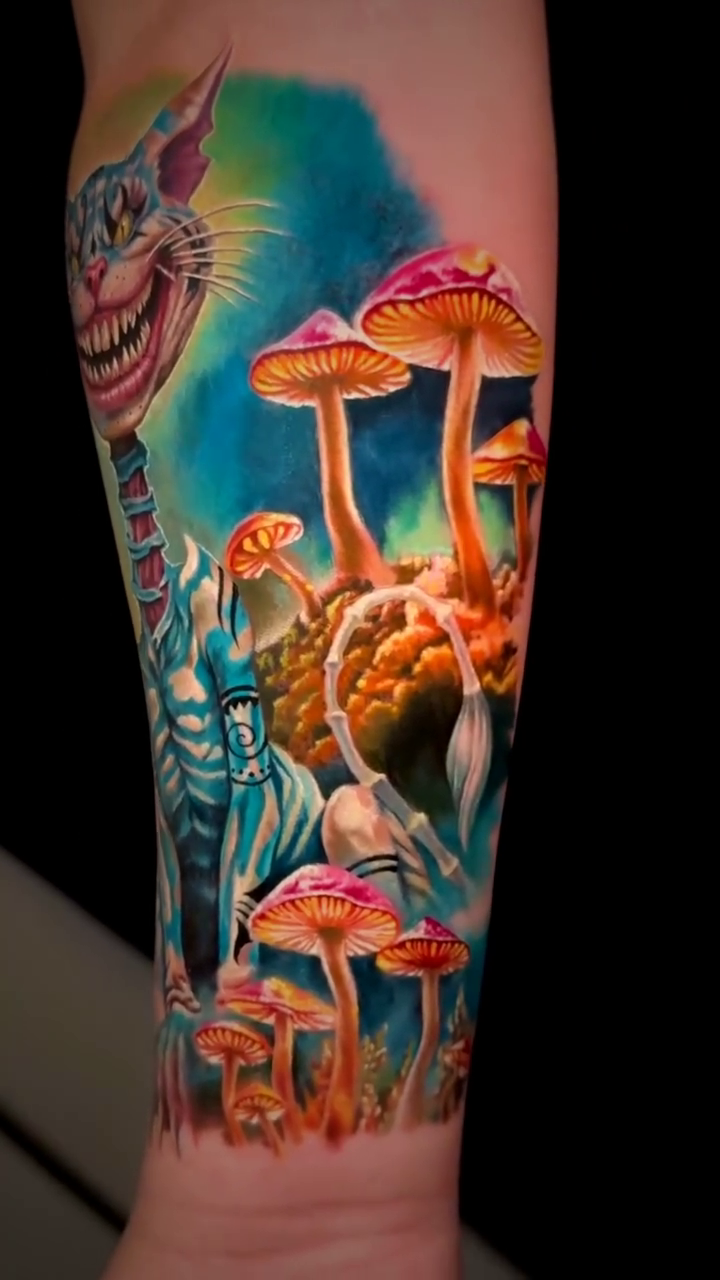 Cheshire Cat skeleton with mushrooms new school tattoo by Noelin Wheeler