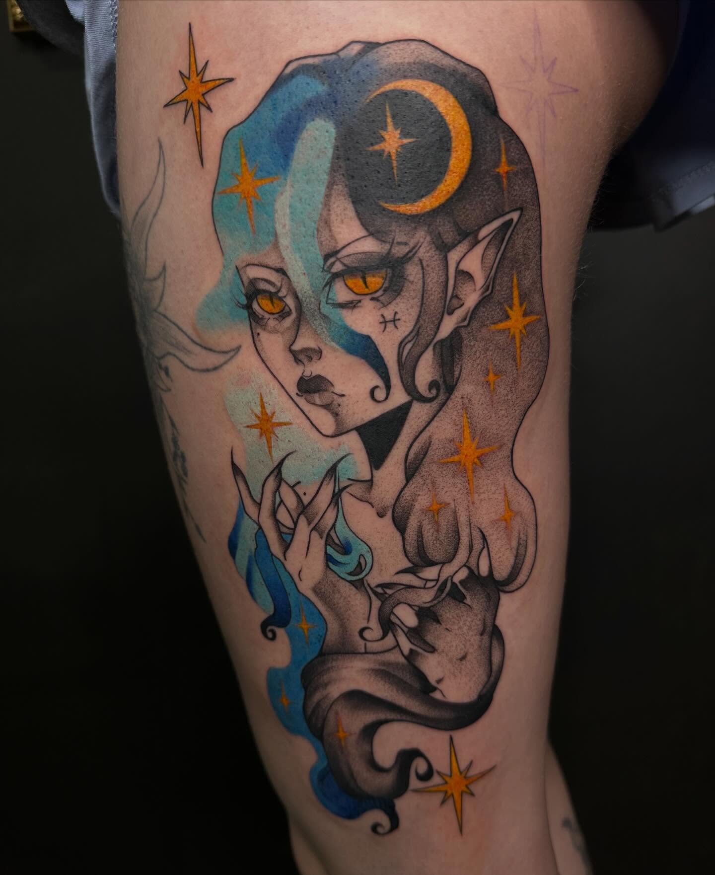 Elf-like creature watercolor tattoo on the forearm by 𝔅𝔞𝔱𝔅𝔬𝔫𝔢 🦇Mariah Hernandez
