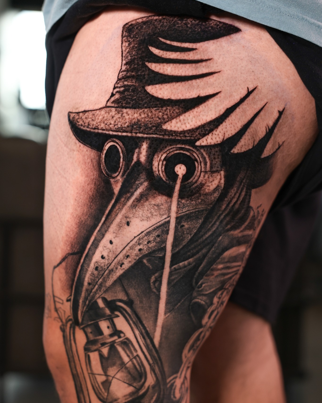 Plague doctor mask realism tattoo on the thigh by Absolute