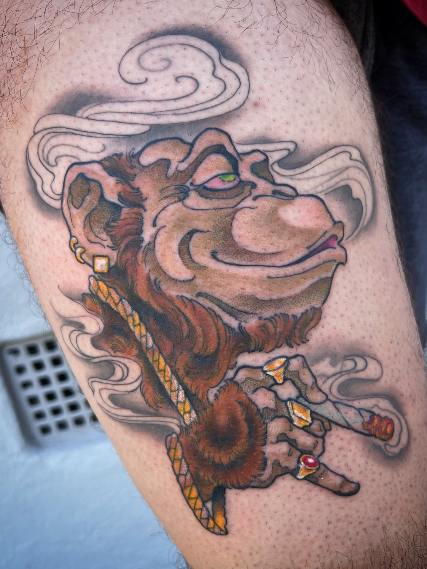 Smoking monkey American traditional tattoo on the thigh by Owen Smith -OEOS- SF