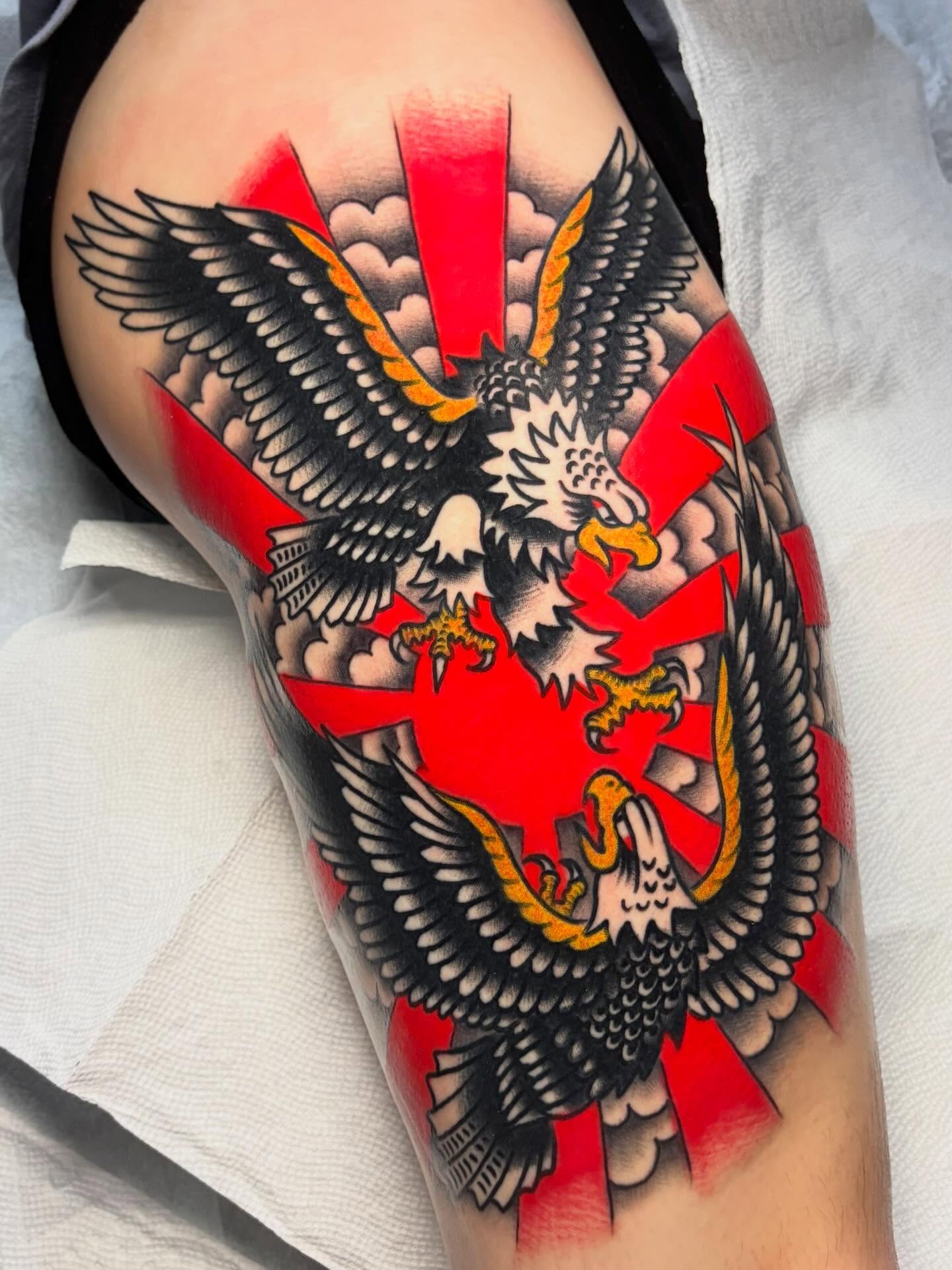 Eagle American traditional tattoo on the forearm by David Armacost, Cincinnati, Ohio