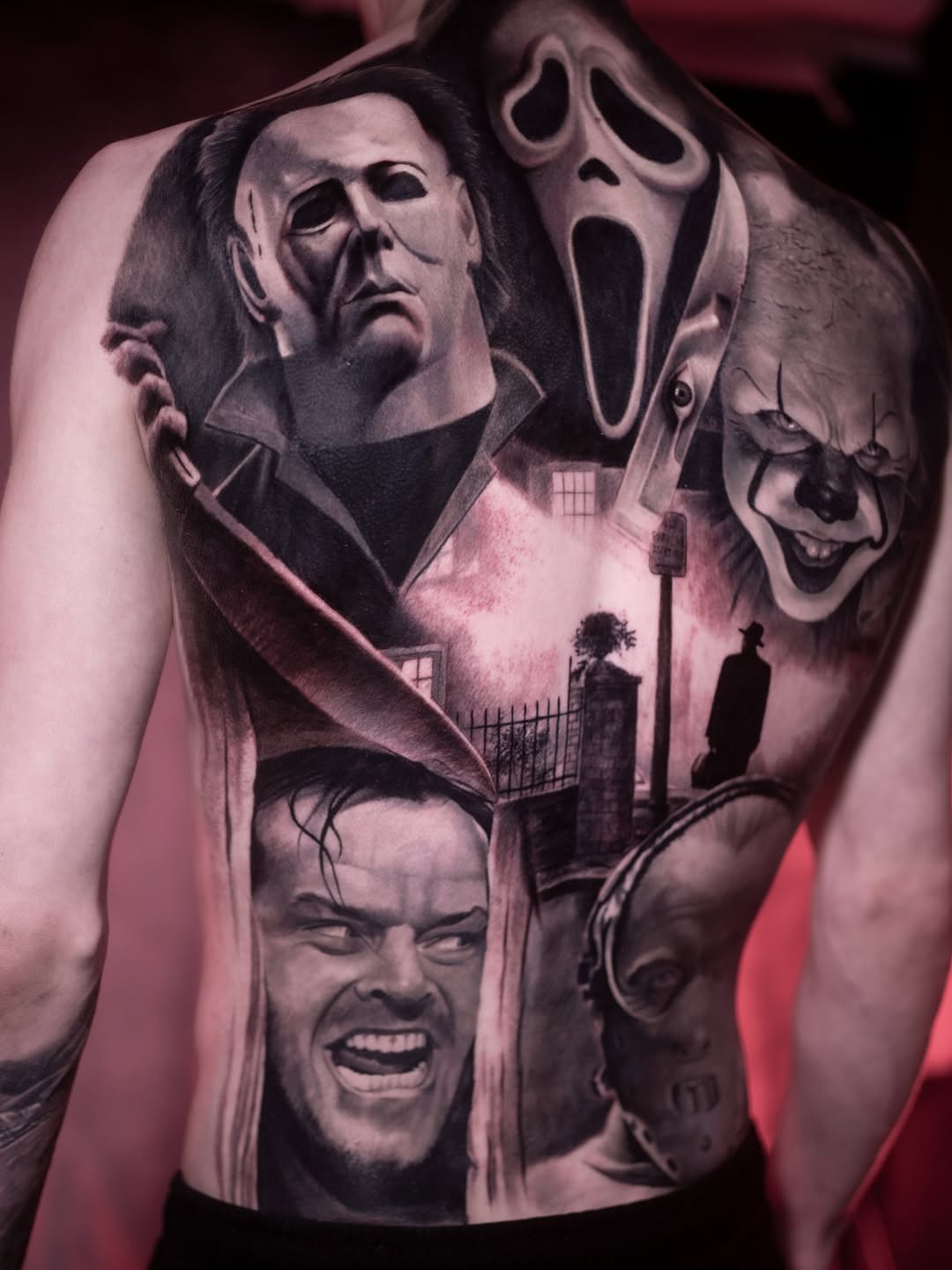 Horror movie characters collage realism tattoo on the chest by Andrea Fiorenza