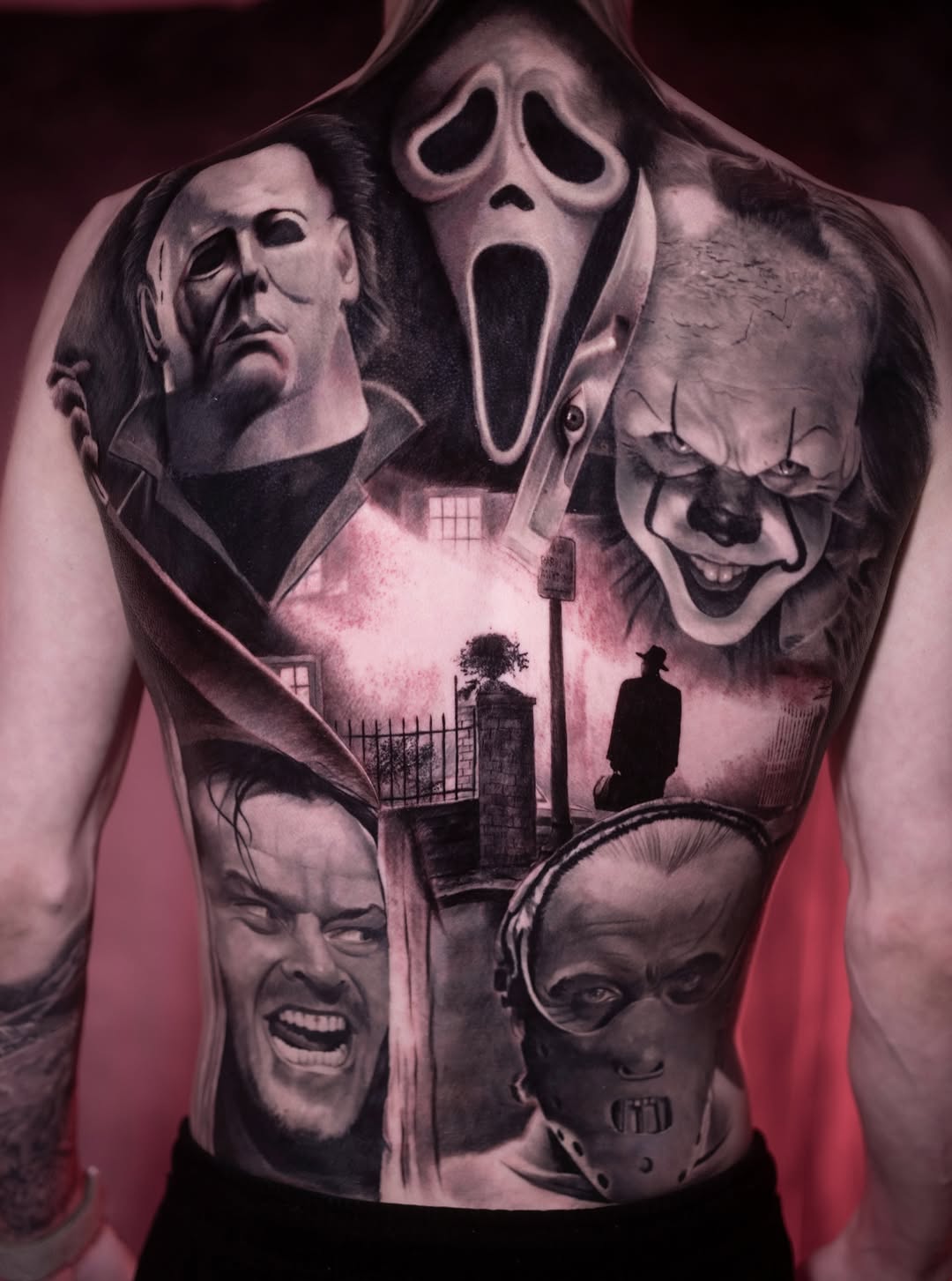 Horror movie villains collage realism tattoo on the torso by Andrea Fiorenza