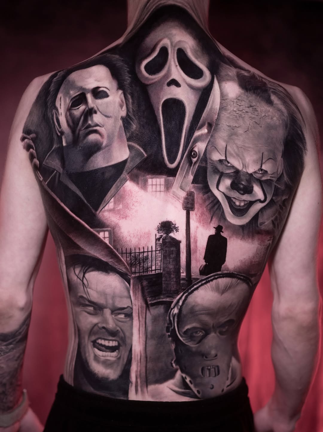 Horror movie characters collage realism tattoo on the chest by Andrea Fiorenza