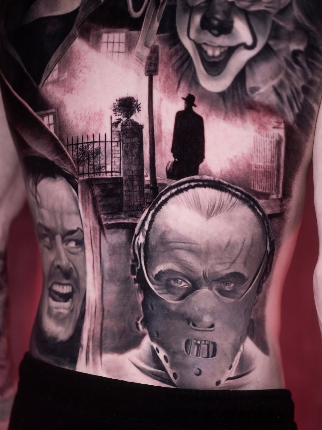 Horror movie characters montage realism tattoo on the torso by Andrea Fiorenza