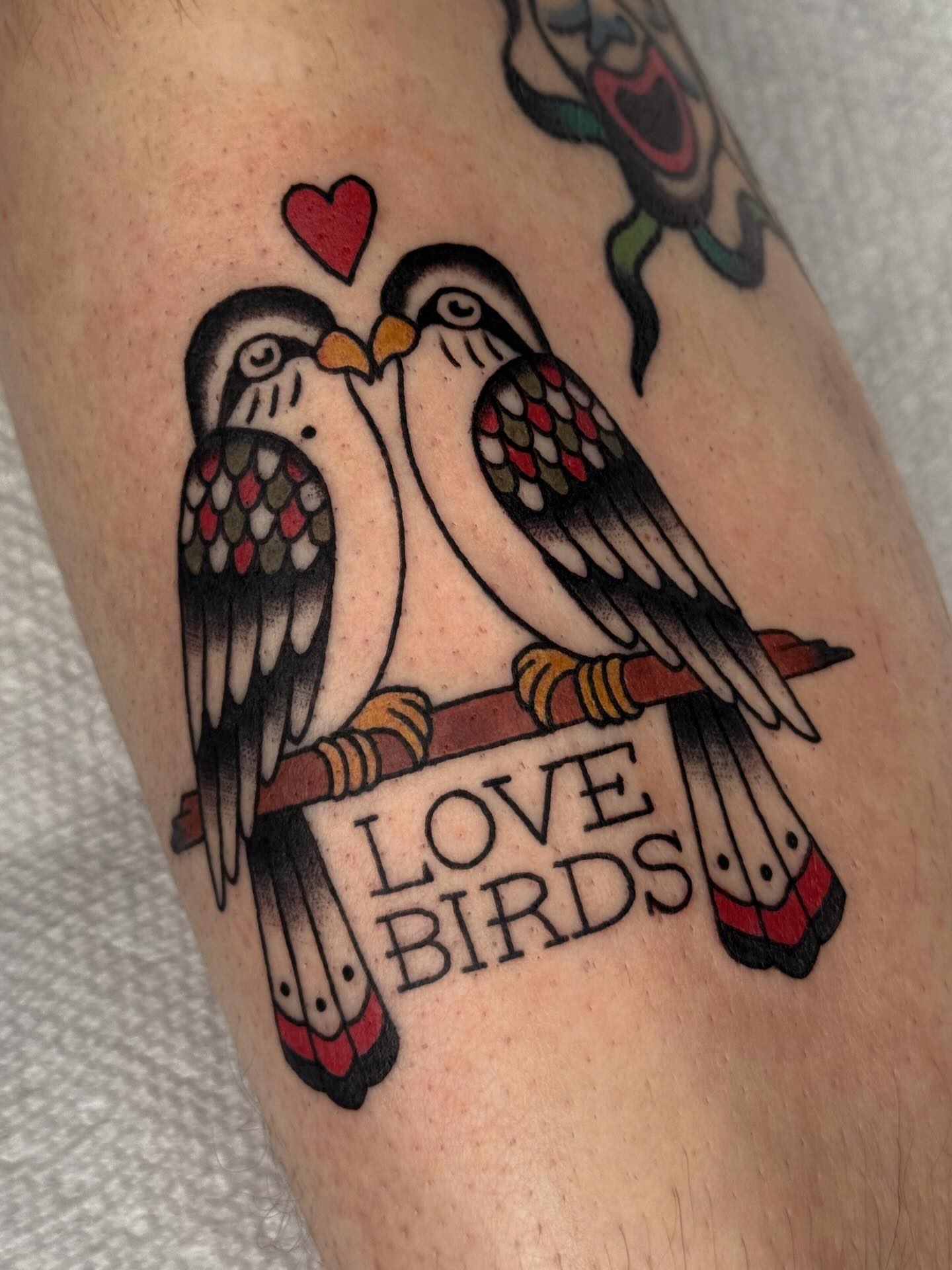 Love birds American traditional tattoo on the forearm by Bridgette Carberry