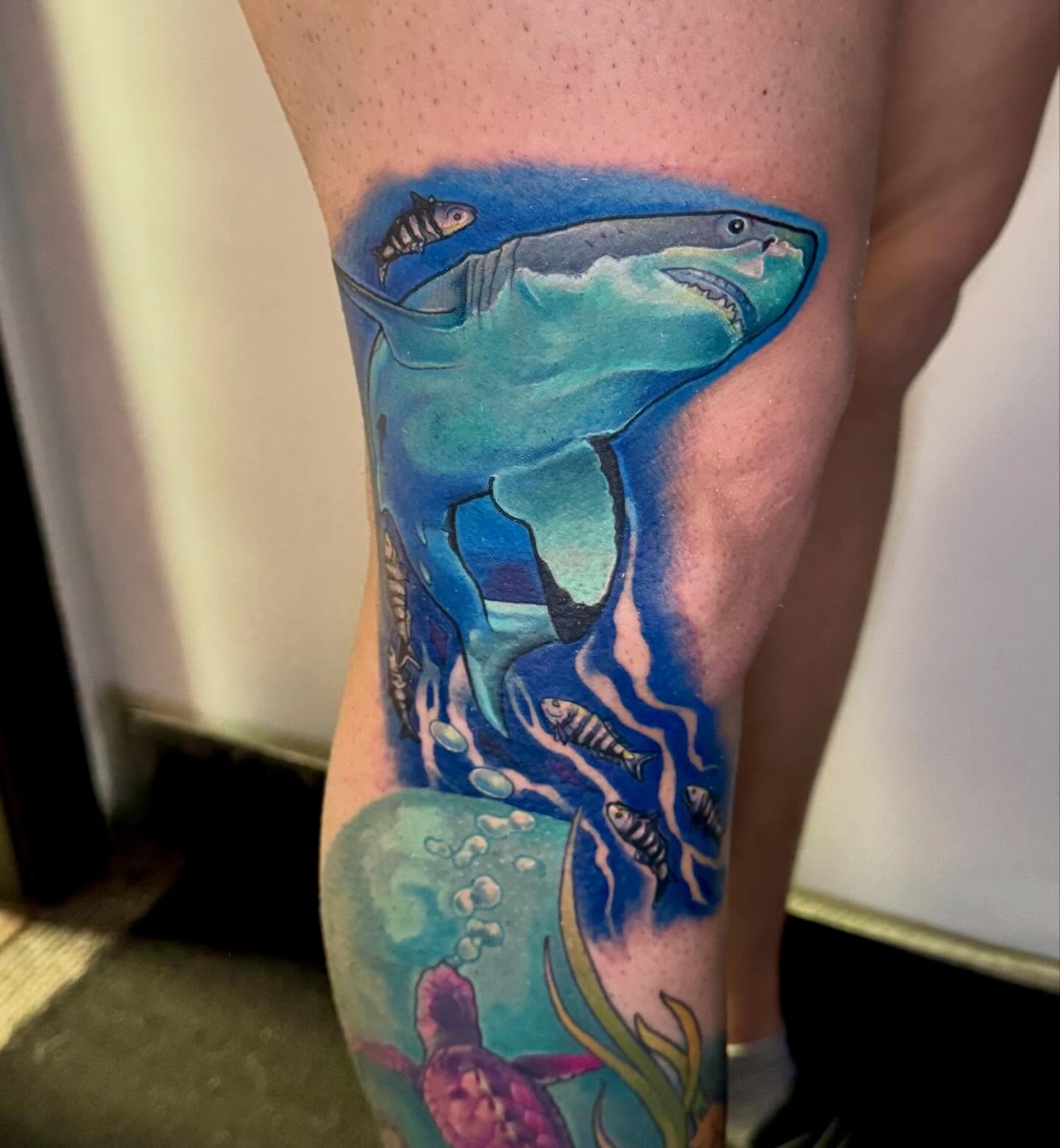 Shark and fish realism tattoo on the leg by Eileen Joyce