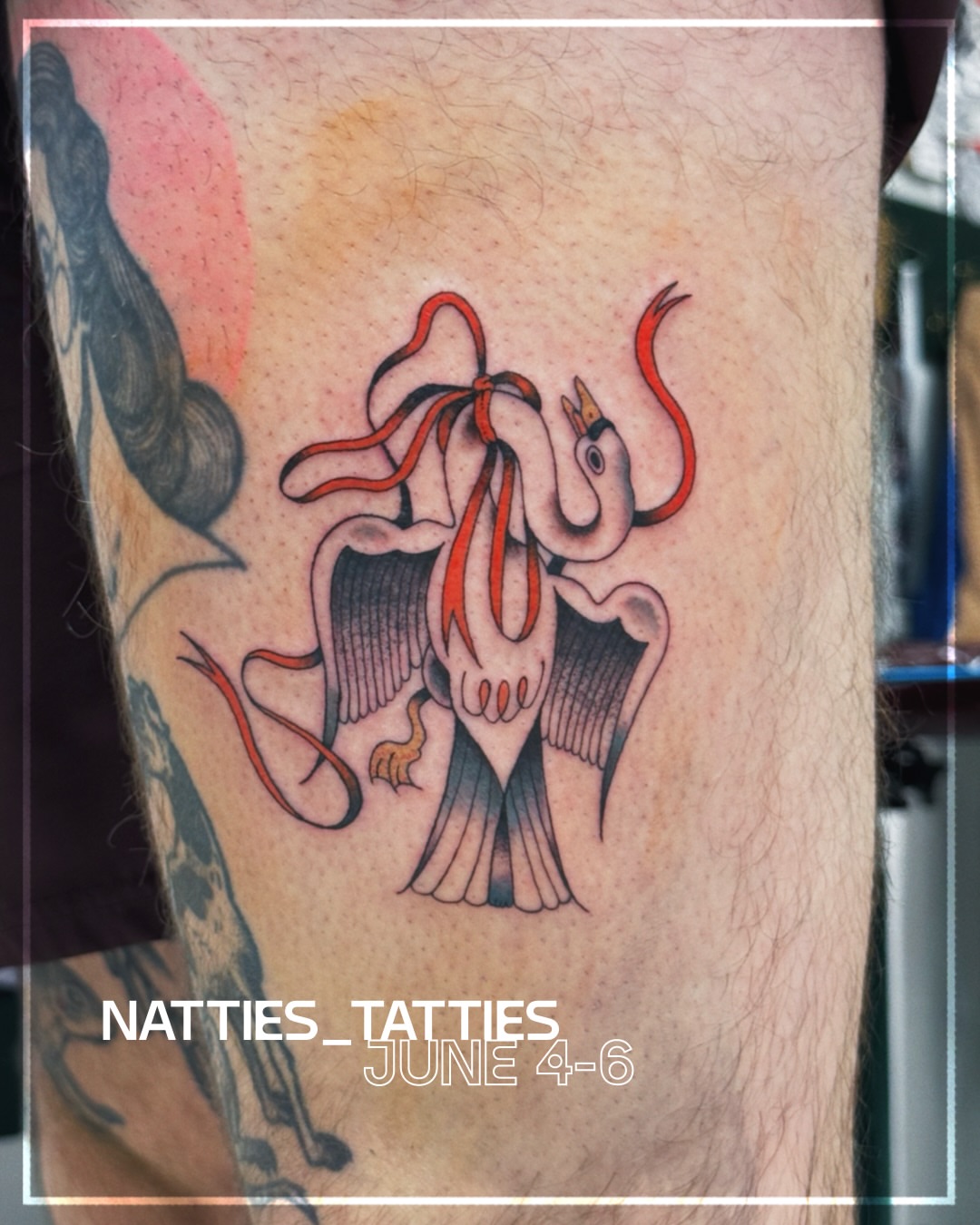 Swan and skull American traditional tattoo on the thigh by 𝓡𝓸𝓼𝓮 𝓗𝓪𝔂𝓮𝓼