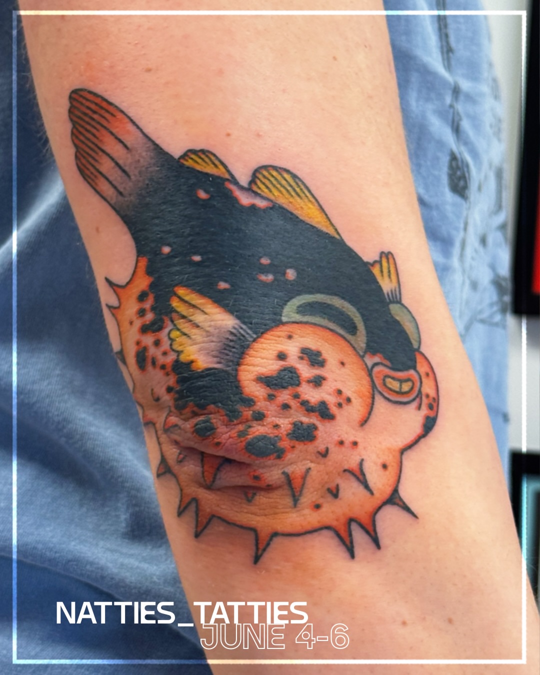 Puffer fish American traditional tattoo on the forearm by 𝓡𝓸𝓼𝓮 𝓗𝓪𝔂𝓮𝓼