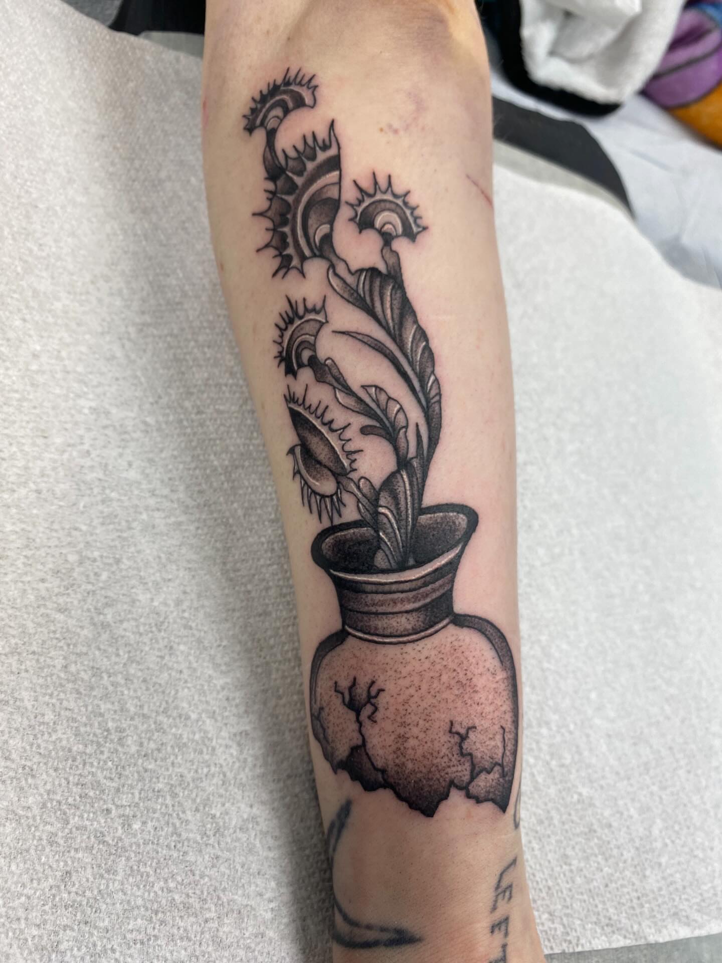 Tattoo by @meadowzmodificationz — black_and_grey