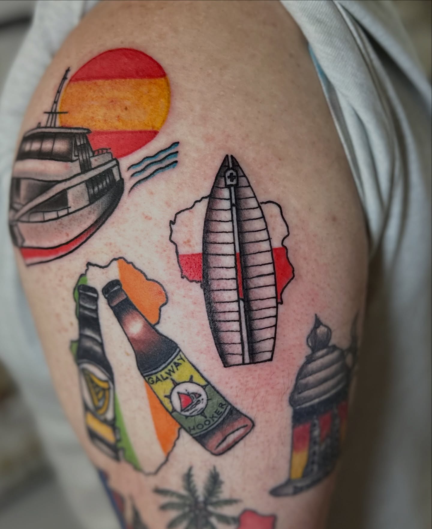 Ship and sunset American traditional tattoo on the shoulder by Nick Weaver aka gibby sometimes gilbert