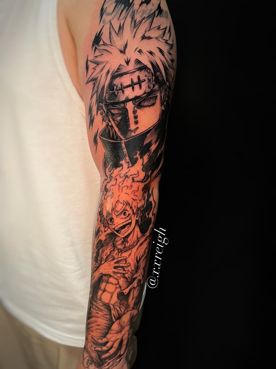 Tattoo by @xxreigh — anime, black_and_grey
