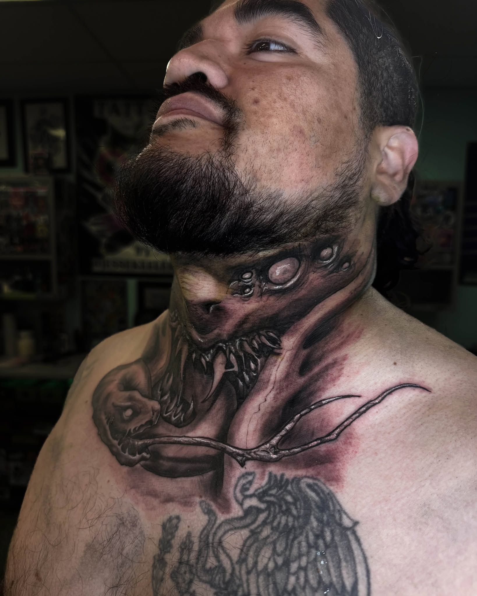 Monster dark realism tattoo on the chest by Bruno Moretti