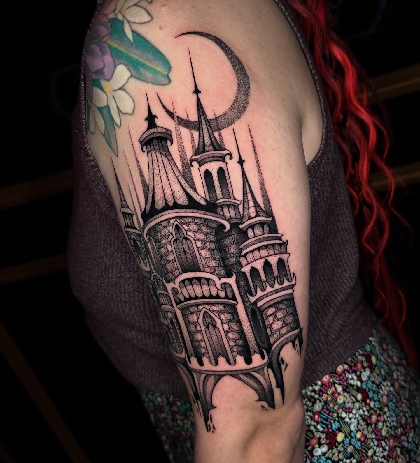 Castle black and grey tattoo on the shoulder by ๐ฎ๐๐๐ ๐ท๐๐๐๐ ๐ฑ๐๐๐๐๐