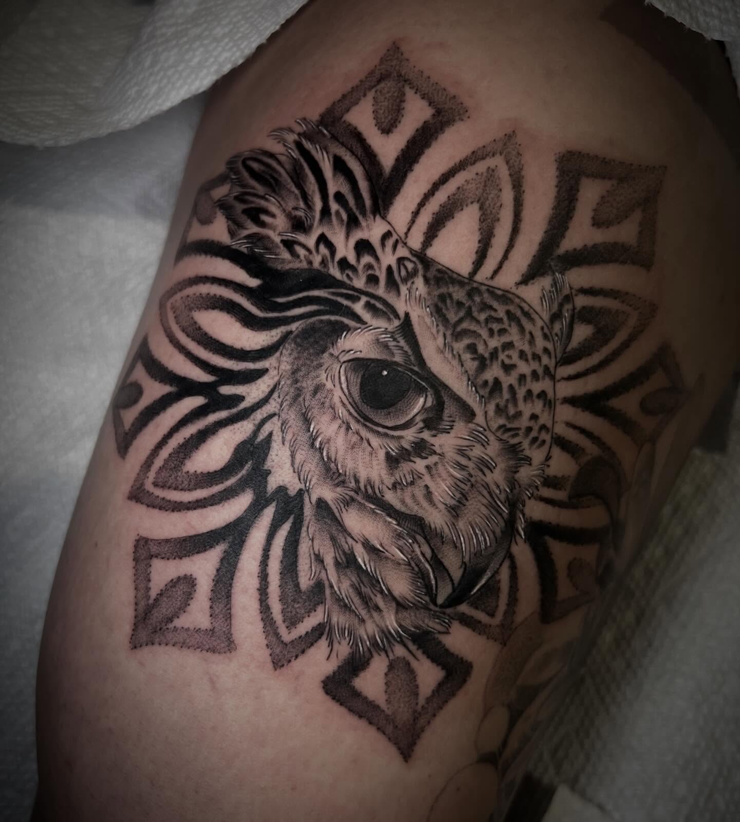 Owl realism tattoo on the thigh by Katie Ann Tattoos