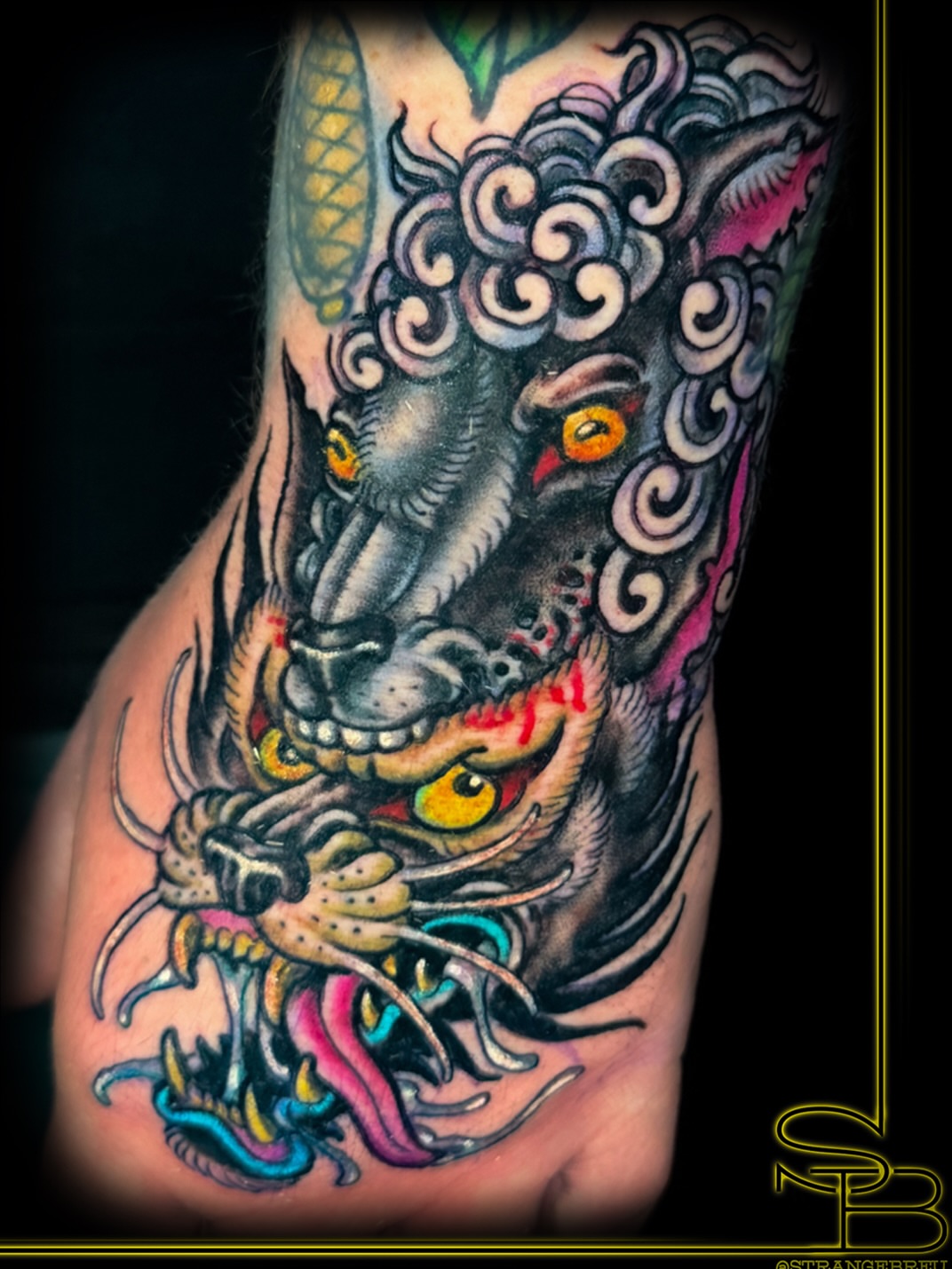 Lion japanese irezumi tattoo on the forearm by Chris Breuer, Asbury Park, New Jersey