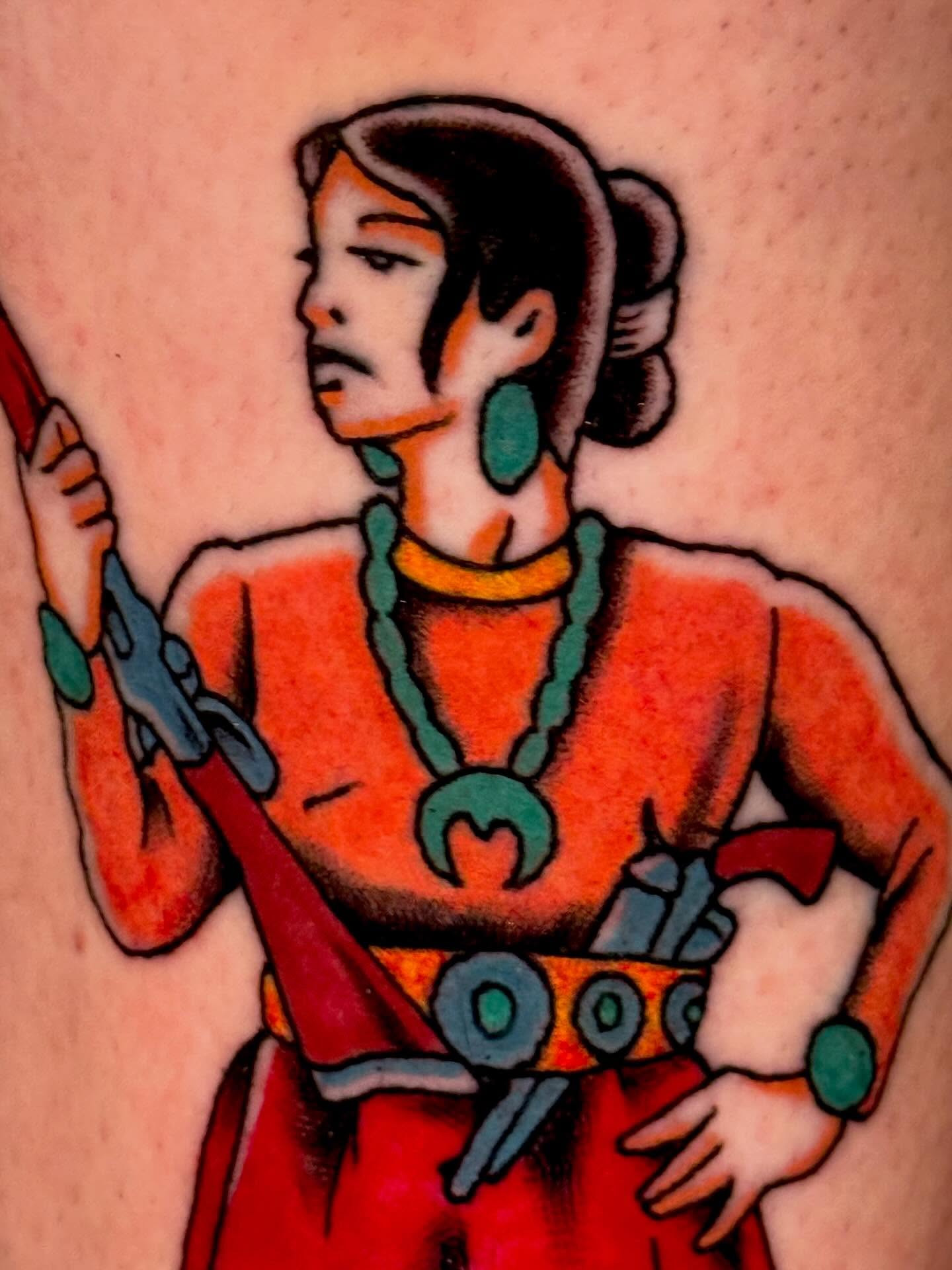 Woman with weapon American traditional tattoo on the forearm by Henry Bubula, Minneapolis, Minnesota
