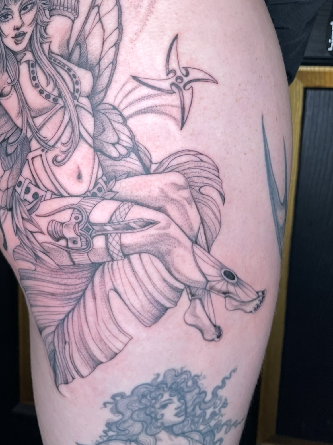 Female warrior realism tattoo on the thigh by Eryn, Portland, Oregon