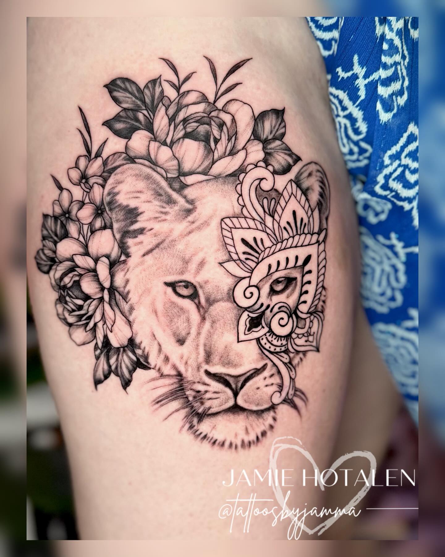 Lion head with floral crown realism tattoo on the thigh by πππππππ π½π² ππππππ π°πππππ π πΉππππ π·ππππππβ¨