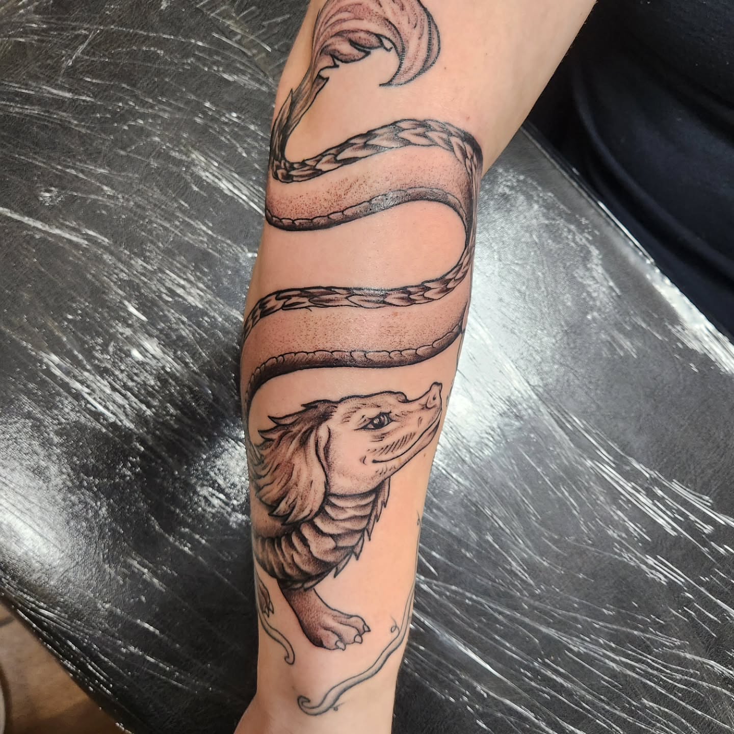 Snake and dog black and grey tattoo on the forearm by Eric Richards