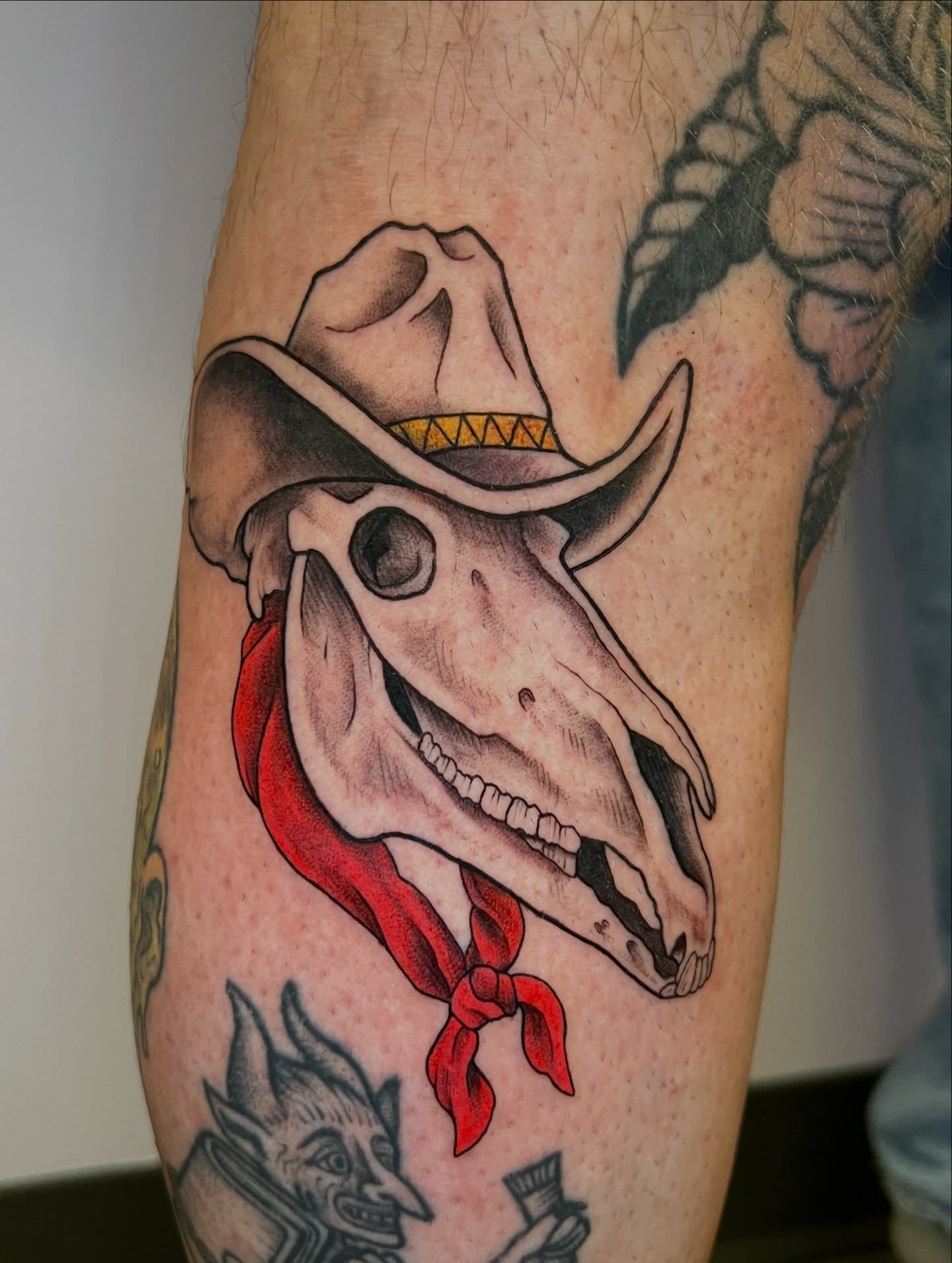 Cowboy skull American traditional tattoo on the forearm by Tattoos by Shashonna - Portland Tattoo Artist