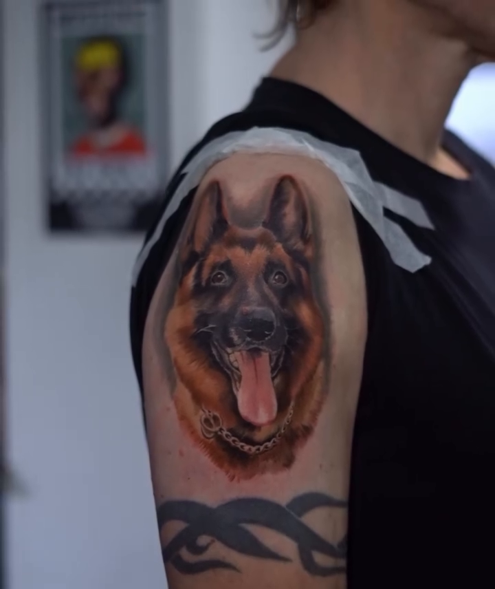 German Shepherd portrait realism tattoo on the upper arm by Remko