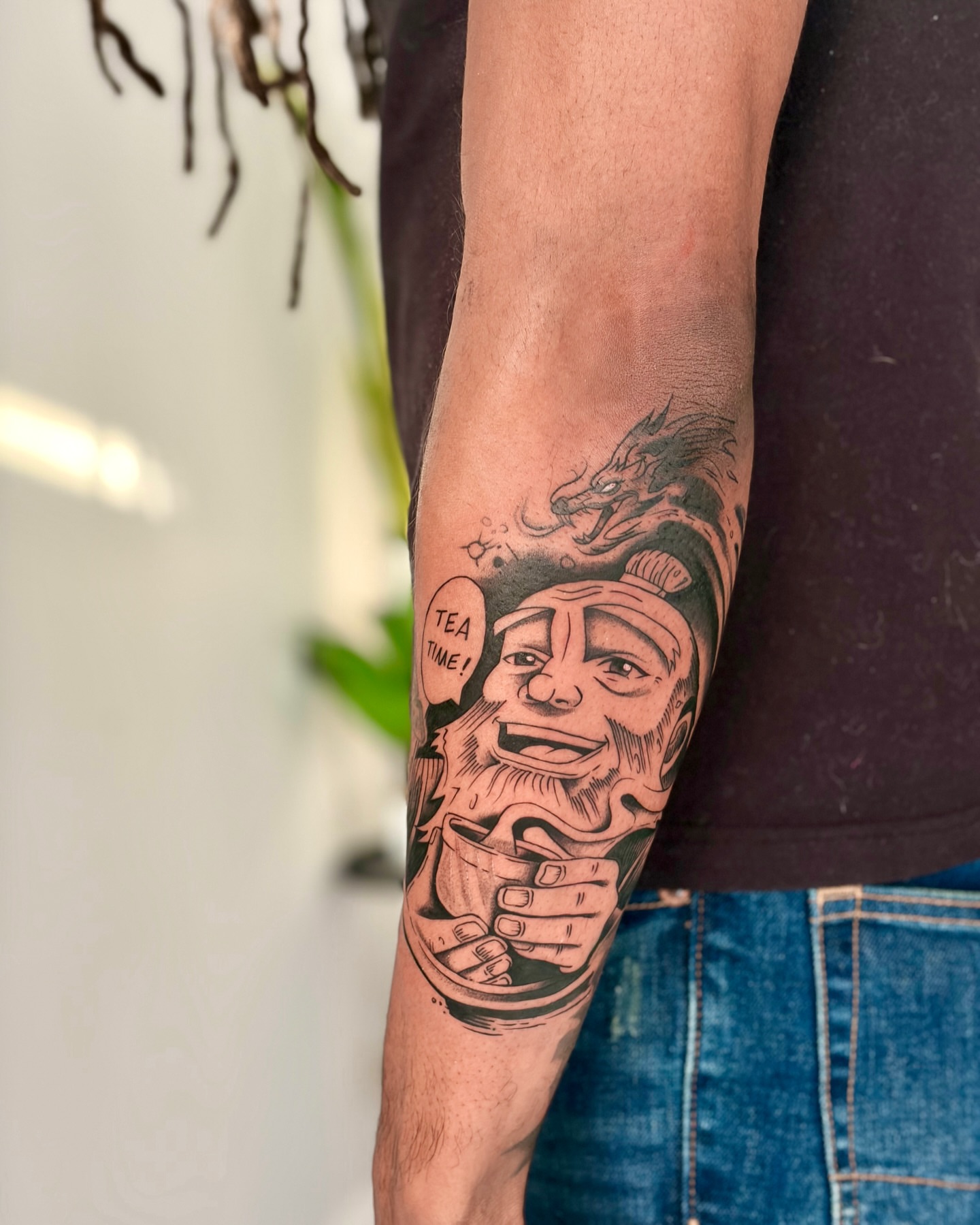 Tea time black and grey tattoo on the forearm by Quinn ᶻ 𝗓 𐰁 .ᐟ, Charlotte, North Carolina