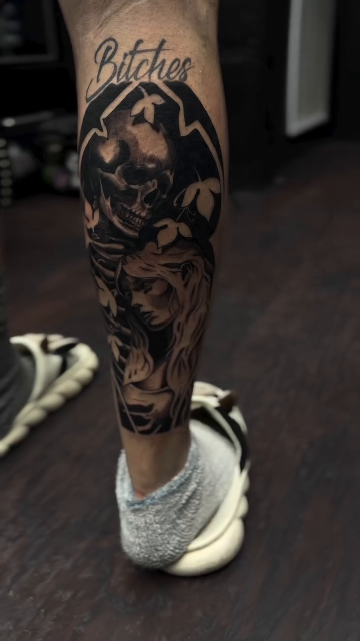 Woman with skull and mountains dark realism tattoo by H.G