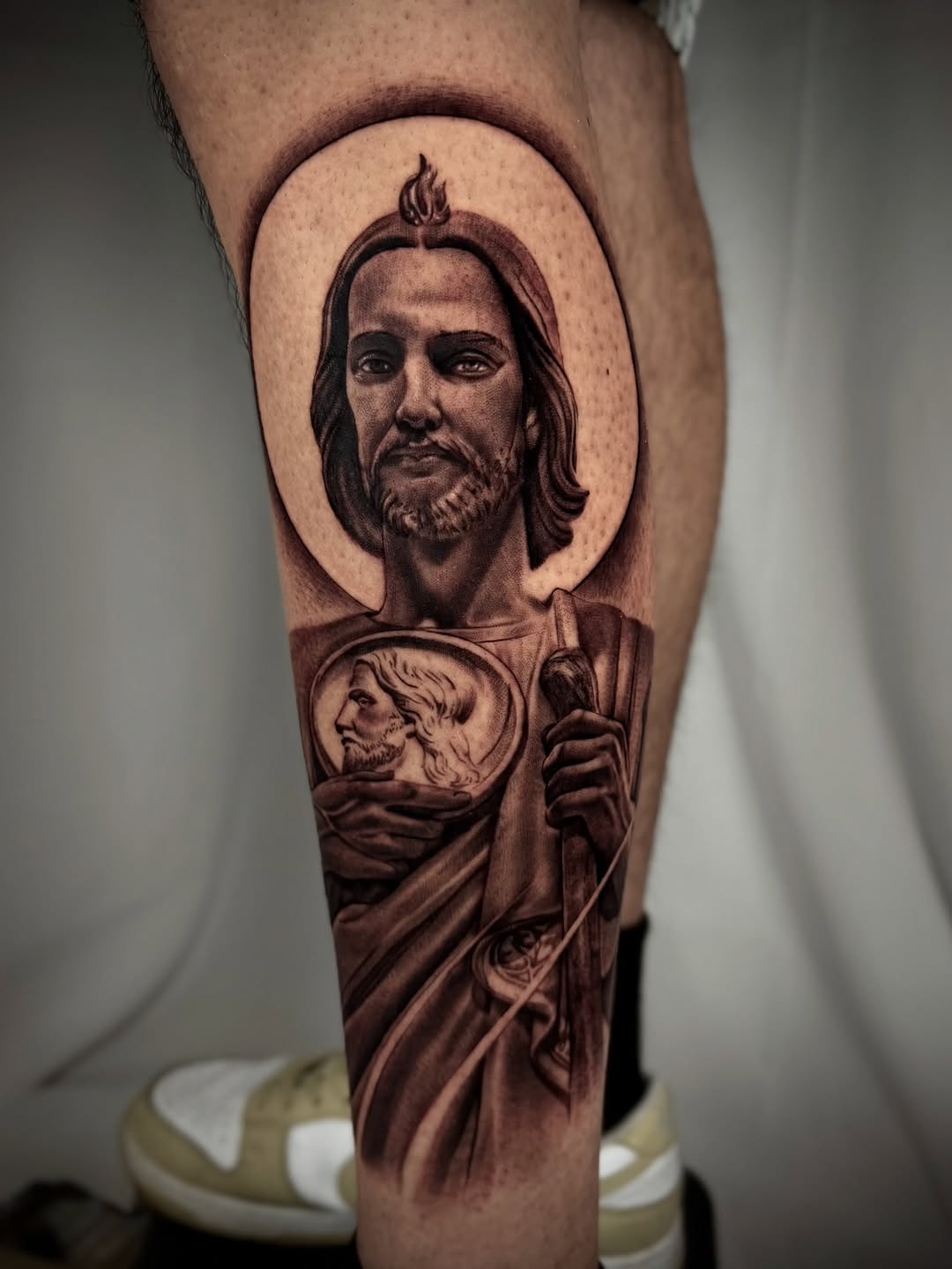 Saint Jude Chicano tattoo on the forearm by DREW ROMERO - Colorado Tattoo Artist, Pueblo, Colorado