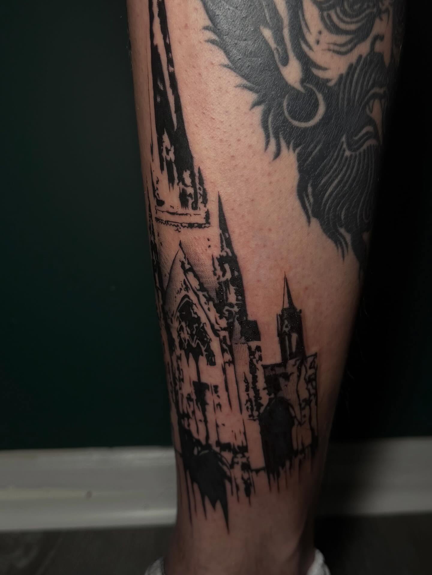 Castle skyline black and grey tattoo on the leg by ༺☆༻
