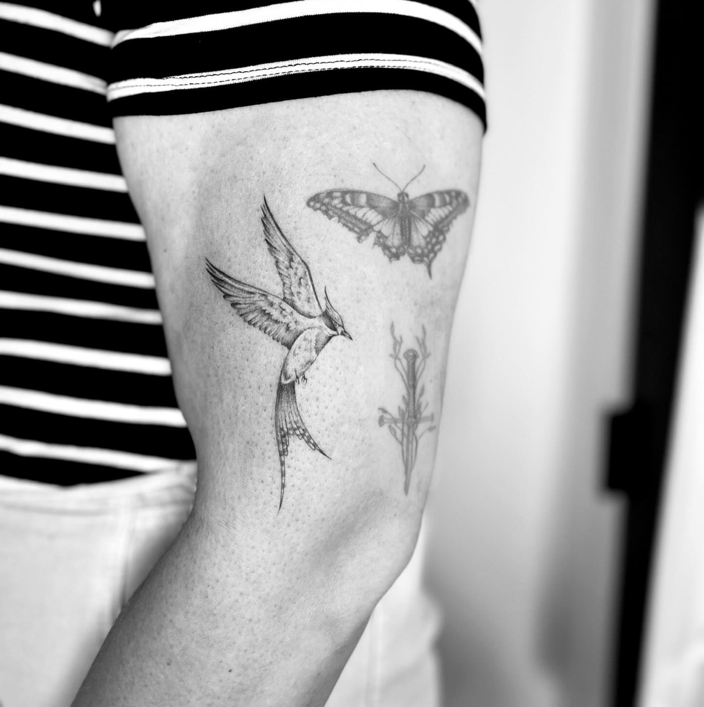 Bird and butterfly dotwork tattoo on the forearm by L i v π Tattoo Artist. AMITY TATTOO