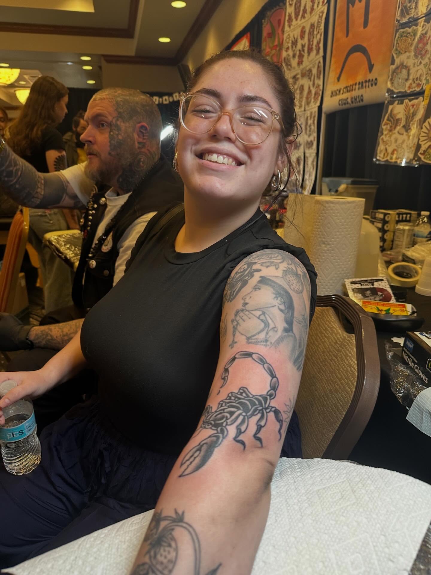 Scorpion American traditional tattoo on the forearm by Joey Knuckles