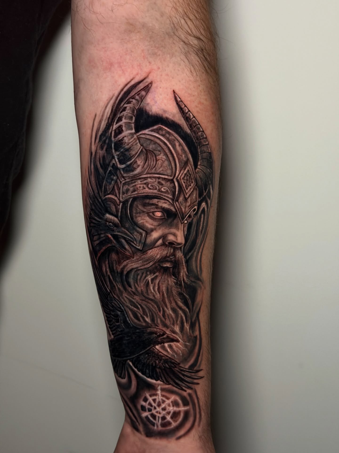 Viking warrior realism tattoo on the forearm by Héctor Agudelo