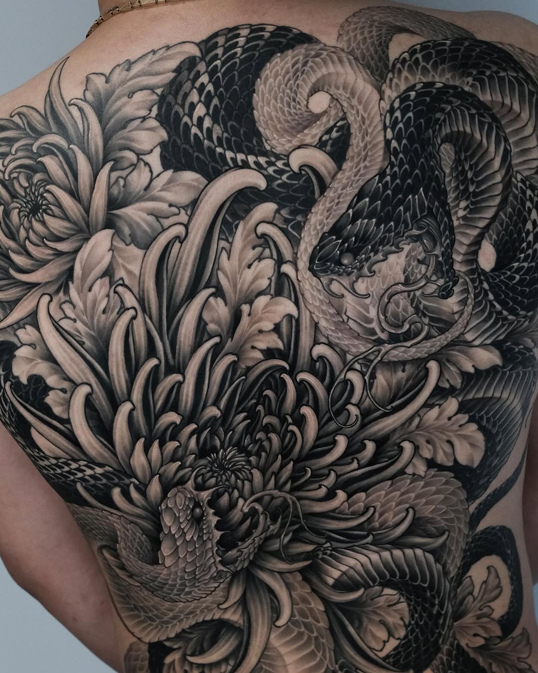 Snake and chrysanthemum Japanese tattoo on the back by Yujin Ju